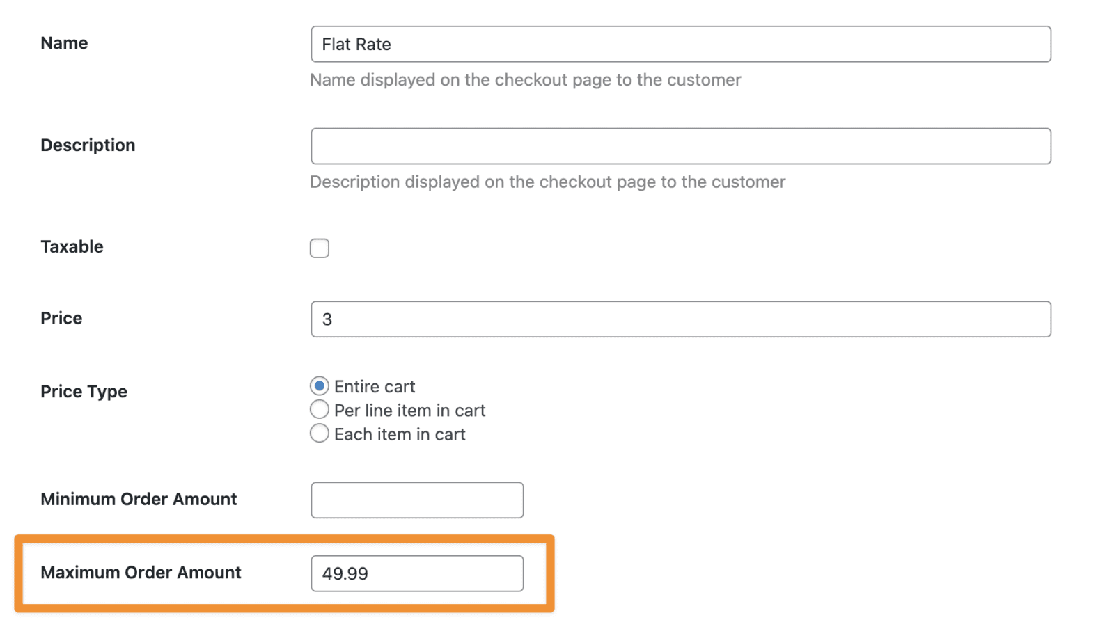 Screenshot of flat rate shipping options