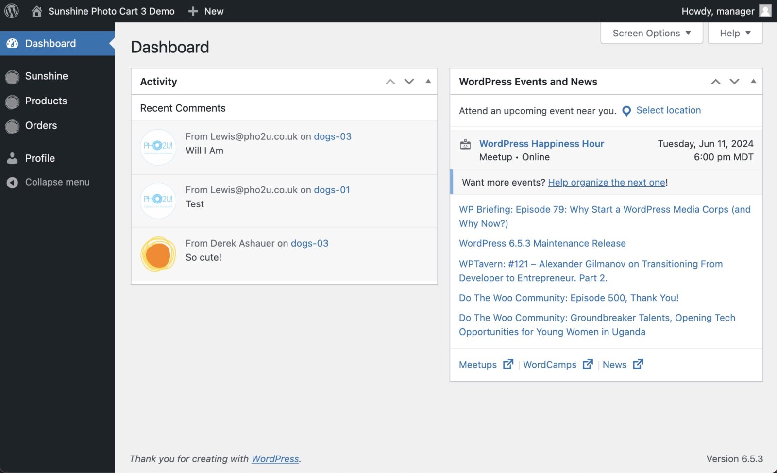 Screenshot of Sunshine Manager WordPress limited admin dashboard