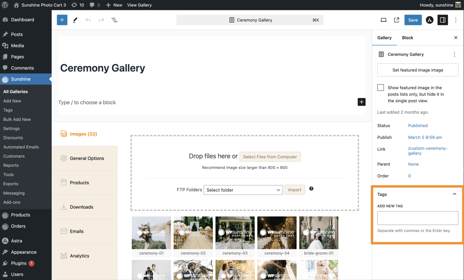 Screenshot showing where tags are available in the WordPress admin when adding/editing a gallery