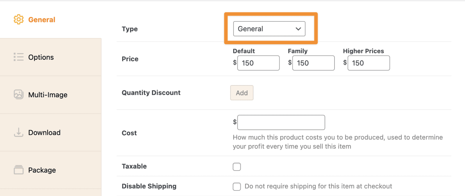 Screenshot of where to select General product type